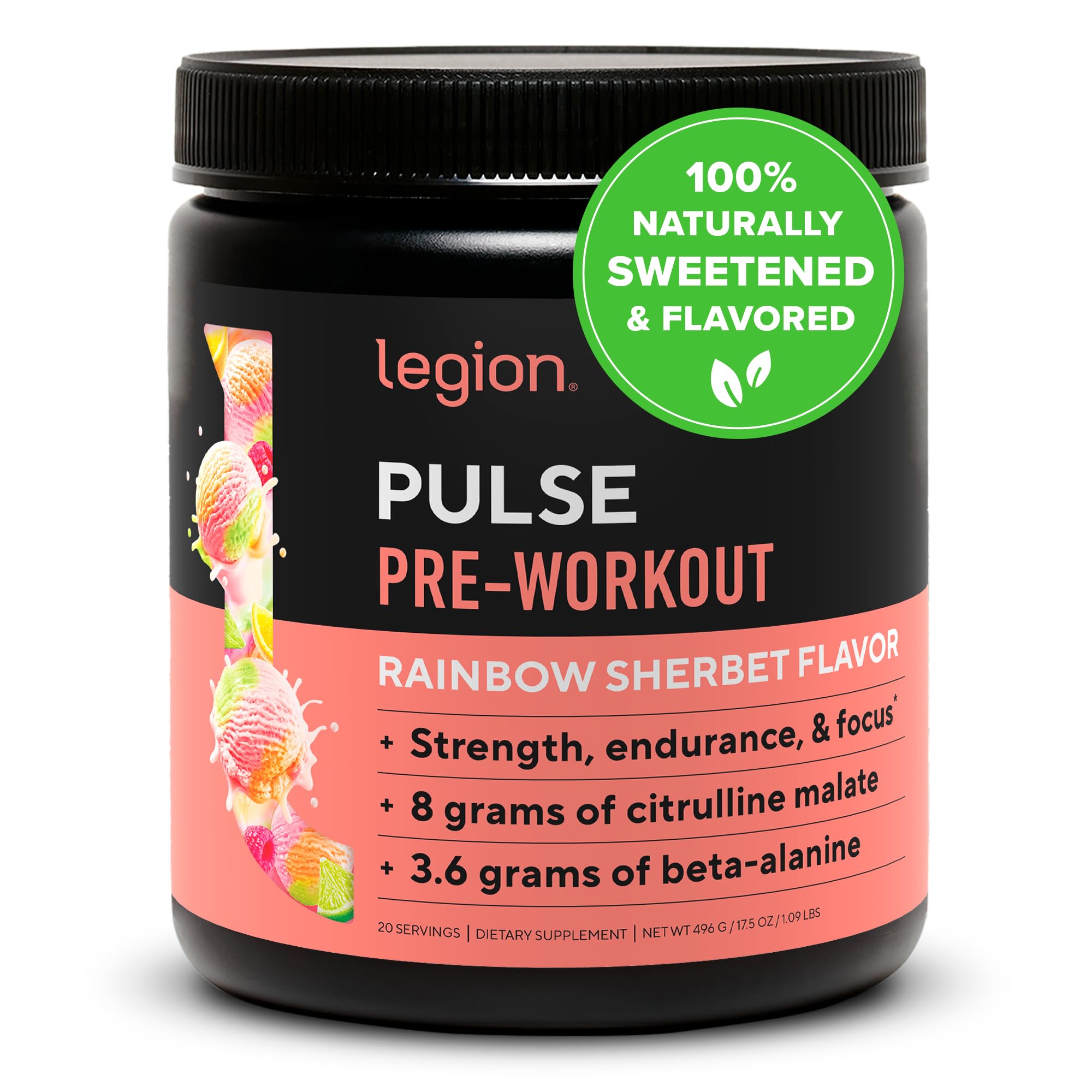 LEGION Pink Lemonade - Pre workout Supplement - All Natural Nitric Oxide Preworkout Drink to Boost Energy, Creatine Free, Naturally Sweetened, Beta Alanine, Citrulline, Alpha GPC (Rainbow Sherbet)