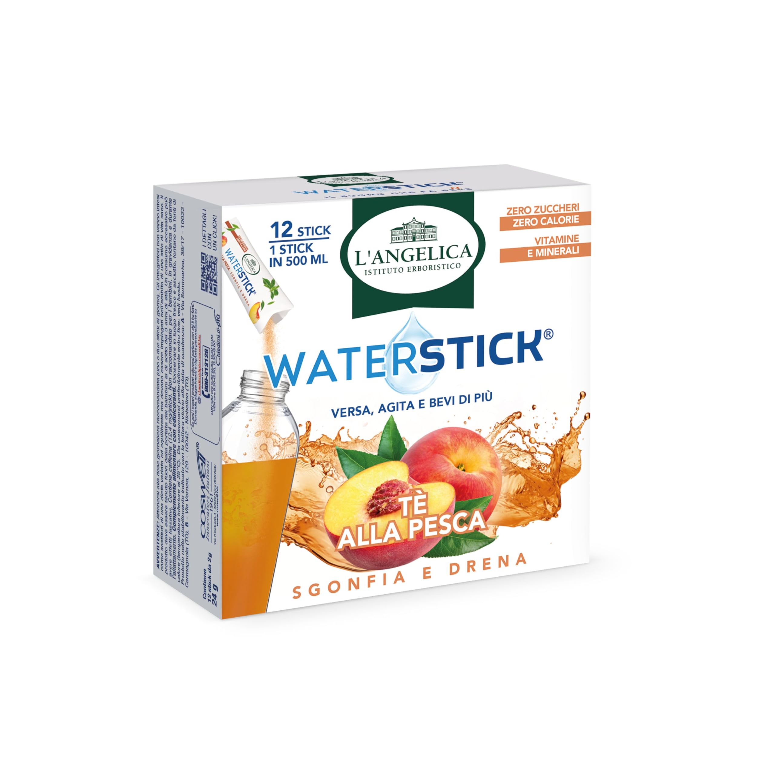 L'Angelica, Waterstick, Gusto Tè Alla Pesca, Sgonfia e Drena, Con Vitamine, Minerali, Contro Stanchezza e Affaticamento, Zero Zuccheri & Calorie, Senza Conservanti, 1 Astuccio da 12 Stick