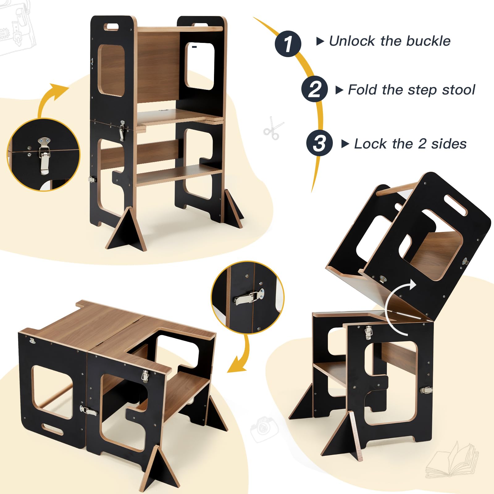 labebe Torre di apprendimento per Bambini, Montessori Learning Tower con Lavagna, 3 in 1 Pieghevole Multifunzionale Torre con Protezione antiribaltamento da 1 Anno-Nero