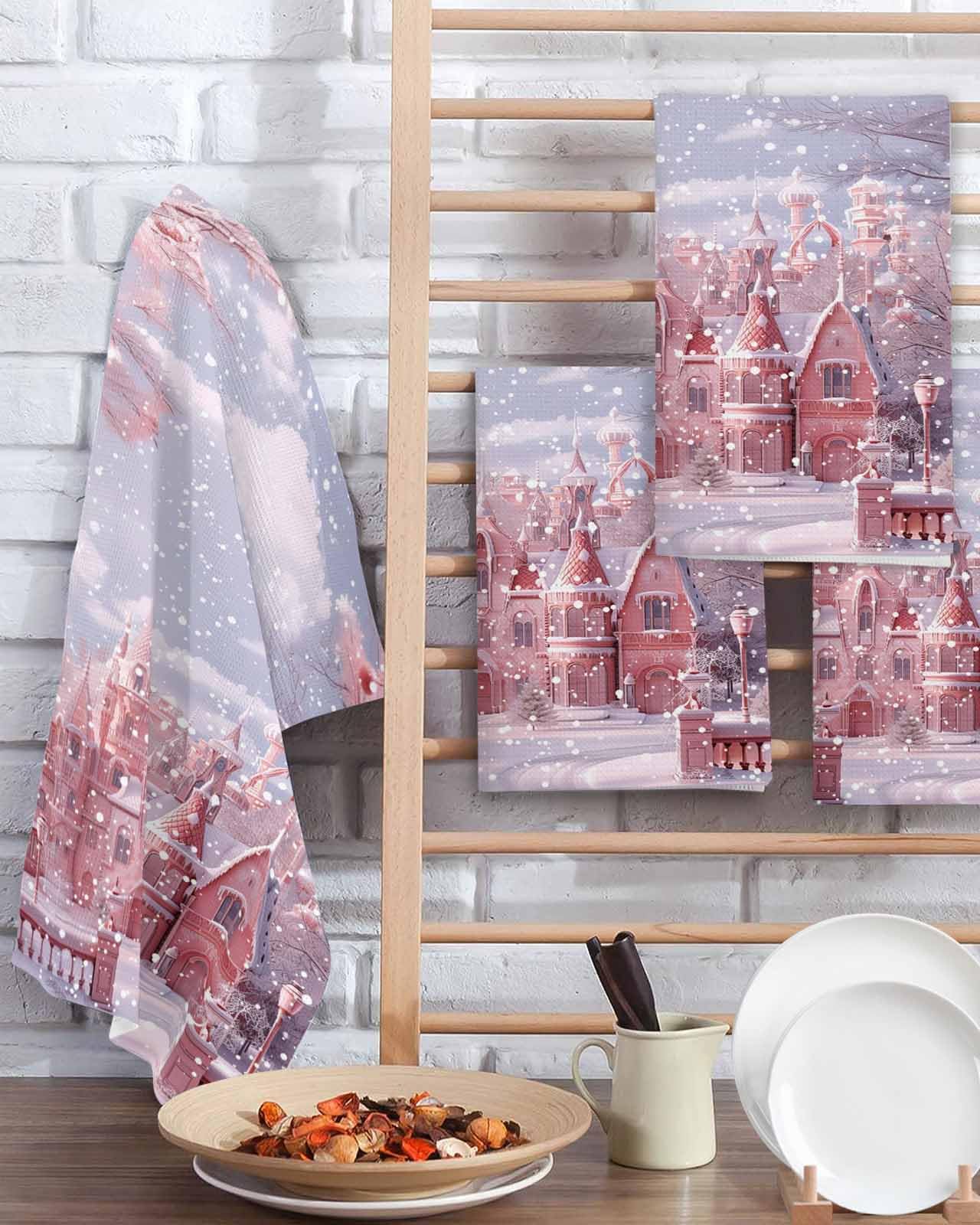 Hokiten Christmas Pink Waffle Kitchen Towels Dishcloths, Pink Town Snowflake Xmas Tree Absorbent Dish Towels | Hand Towels for Bathroom/Bar, 16 x 24 Inch, 4 Pcs