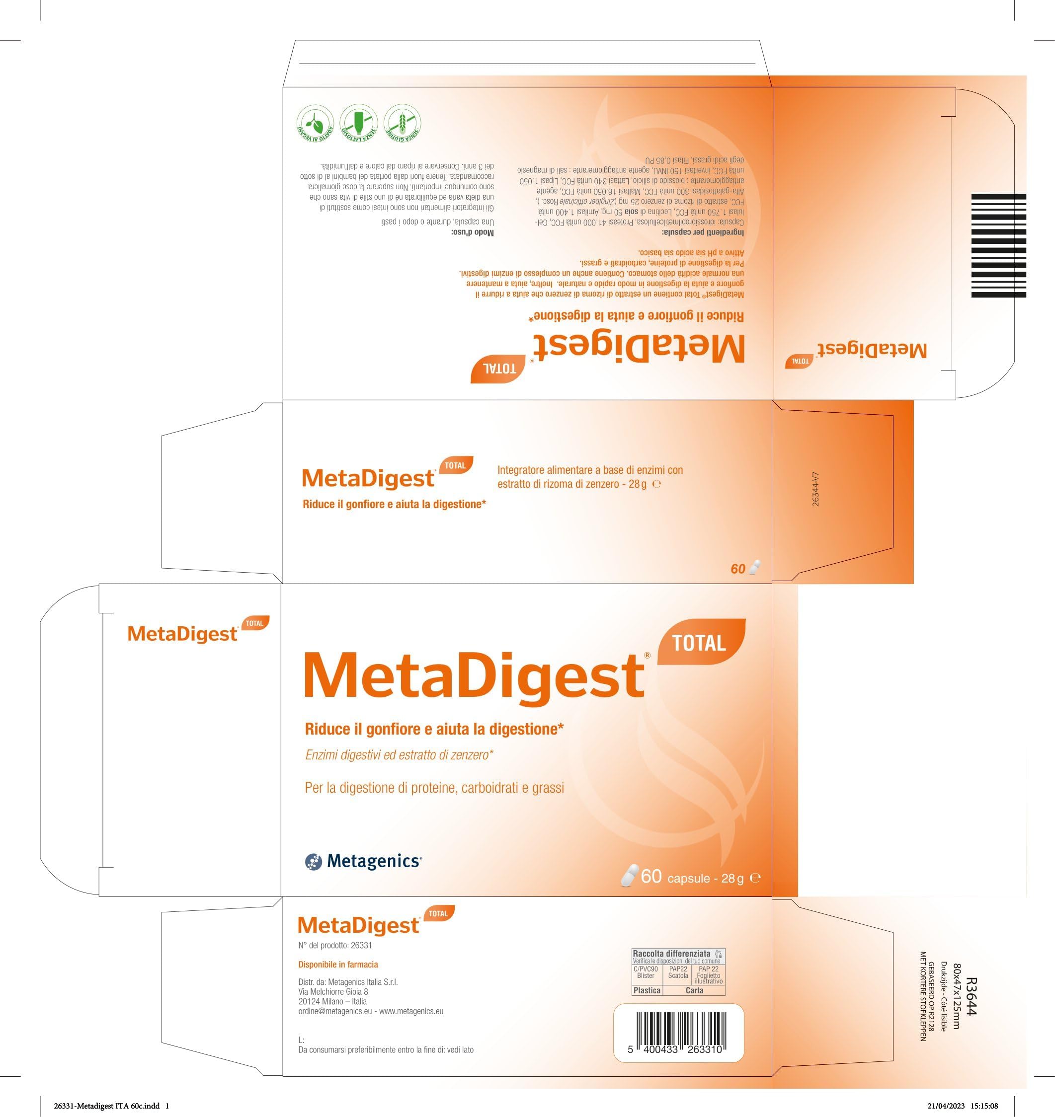 Metagenics MetaDigest Total - Riduzione Gonfiore e Digestione Veloce - 60 Capsule