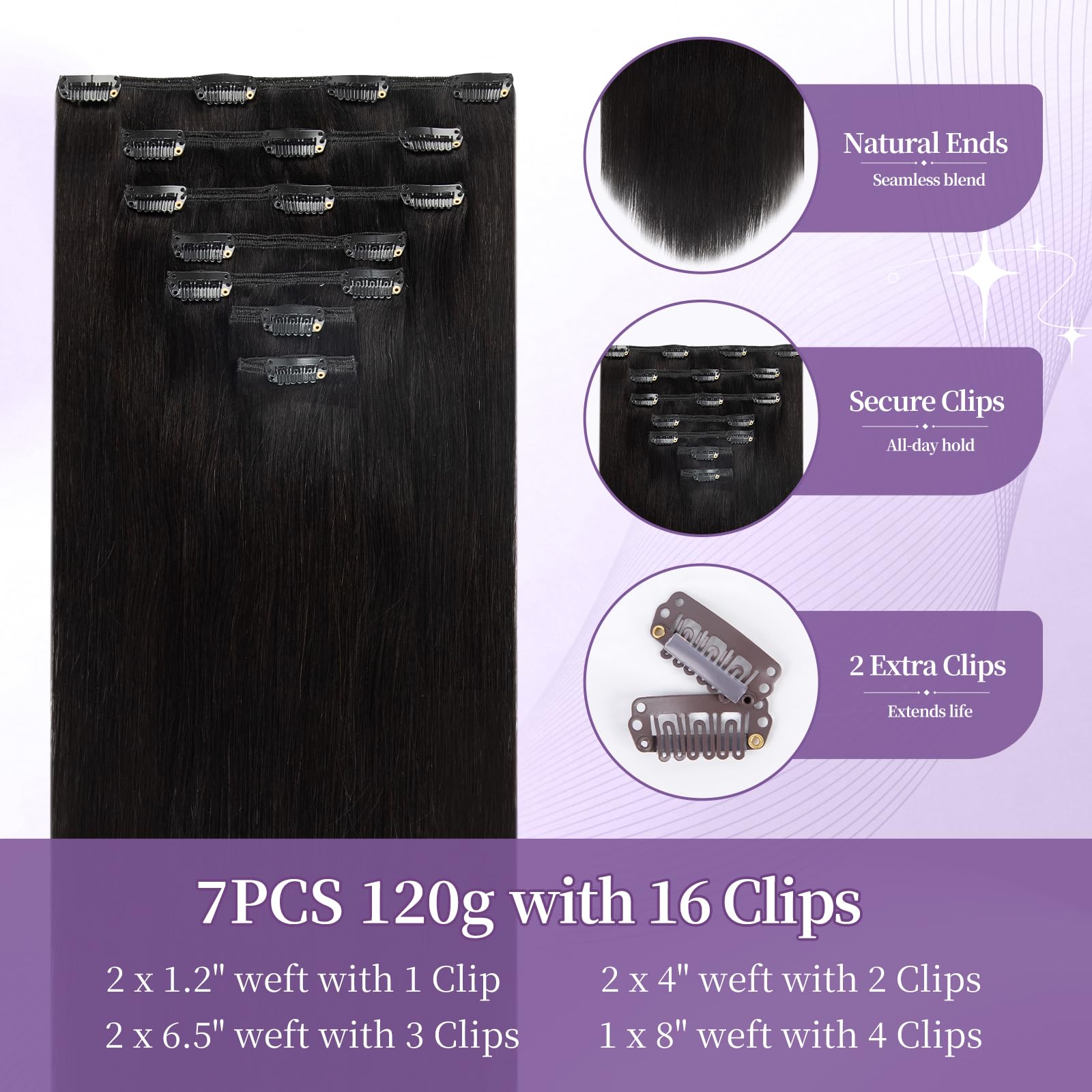 Remy Echthaar Clip in Extensions, Schwarz Menschenhaar #1B 55cm | 120g 7Pcs, Natürliches Schwarz Haar inkl. Klipps, für Volumen & Länge
