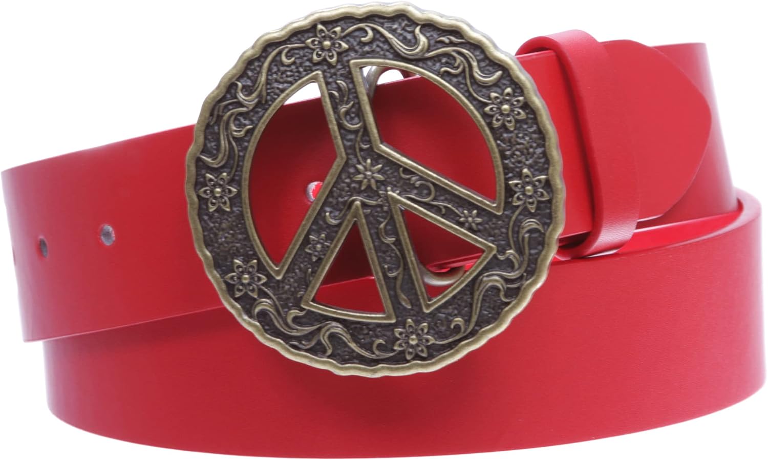 1 1/2" Snap On Belt With Round Perforated Floral Engraving Peace Sign Belt Buckle