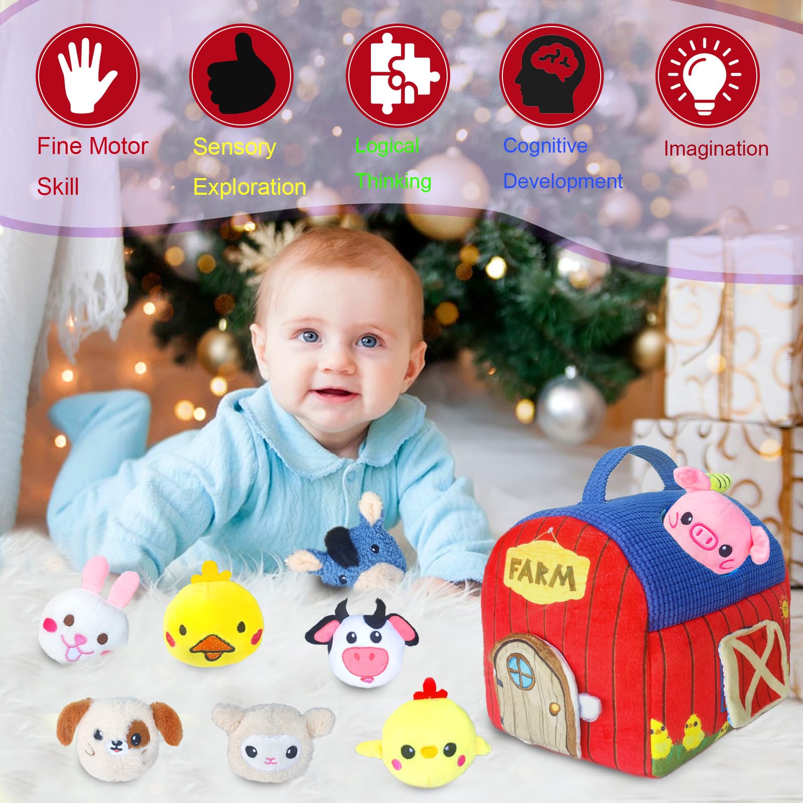 Set Fattoria Montessori Con 6 Animali Sonagli E Fienile Con Specchio, Giocattolo Sensoriale Per Bambini 6-36 Mesi