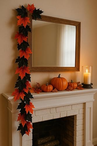 Red & Black Fall Leaves Garland for Mantel, Staircase, Table Runner