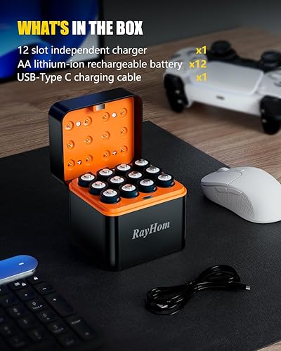 Miniatura 7 de Paquete de 12 baterías recargables de litio AA con cargador, salida constante de 1.5 V, alta capacidad de 3400 mWh, cargador de iones de litio doble