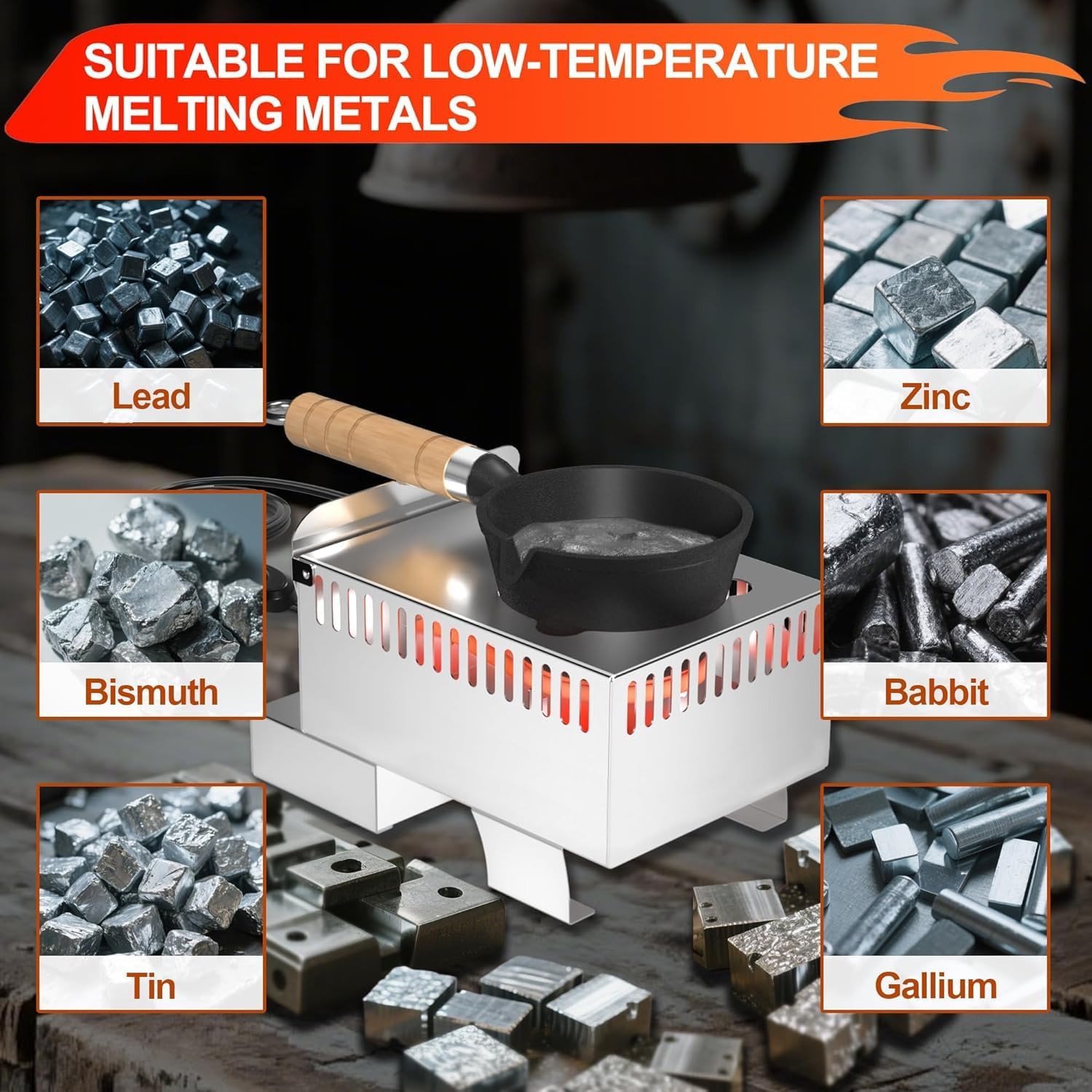 Electric Lead Melting Pot 5LB Capacity, 500W Fast Heating Lead Melter Furnace for Bullet Casting & Fishing Sinkers, Adjustable Temp to 750°F, Removable Cast Iron Pot, Stainless Steel Base, 120V