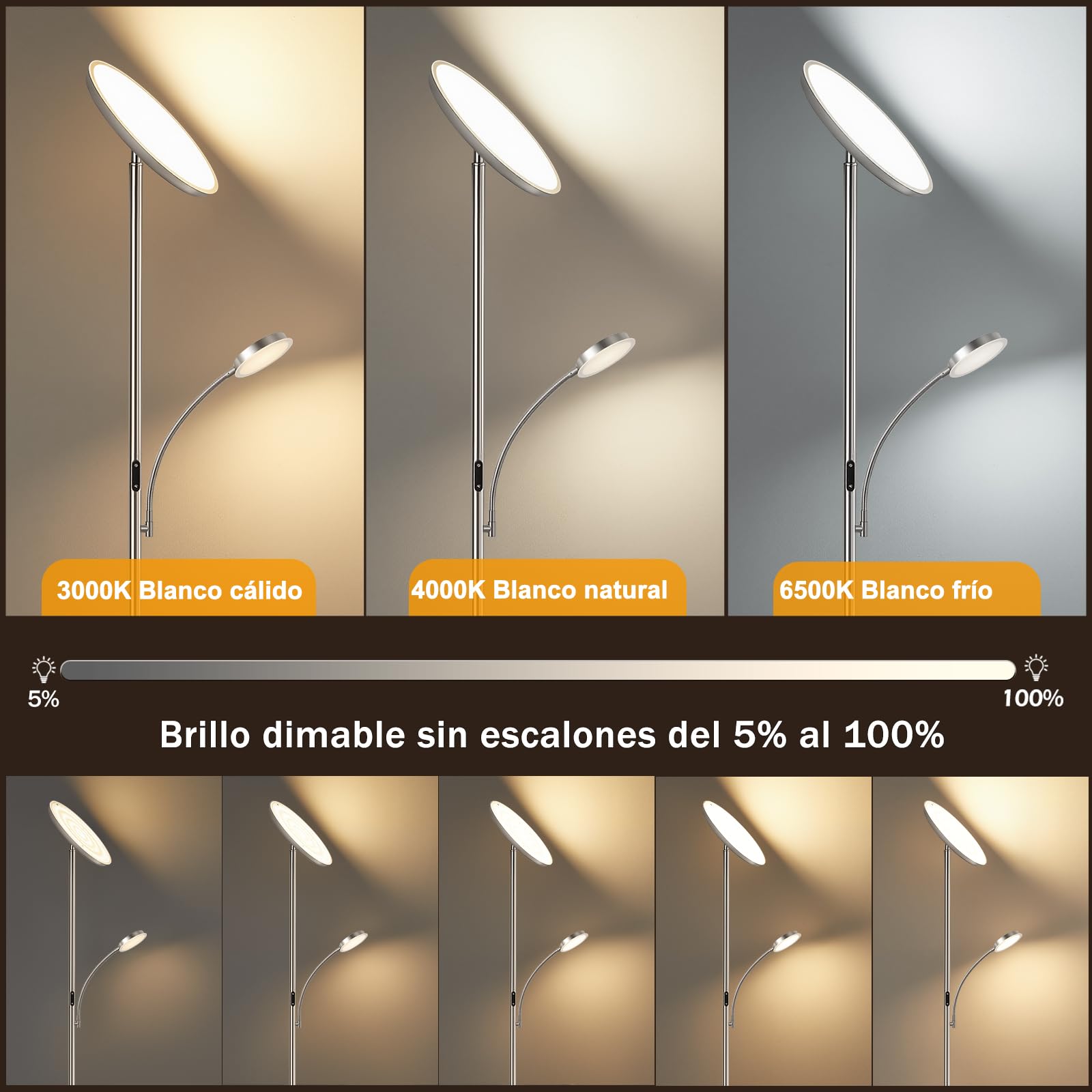 GyroVu Lámpara de pie LED regulable 2 en 1, lámpara de pie con mando a distancia y control táctil, temperatura de color de 3000 K a 6500 K, lámpara de pie moderna para salón, dormitorio y oficina