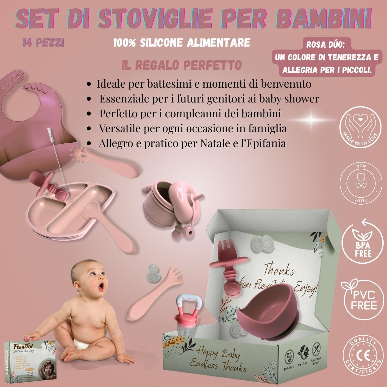 FlexiTot | Set prima pappa svezzamento – Cucchiaio silicone, bicchiere, contenitore frutta, piatto con ventosa, babero impermeabile, ciotola antiscivolo, accessori BLW | 6+ mesi | Rosa |Senza BPA