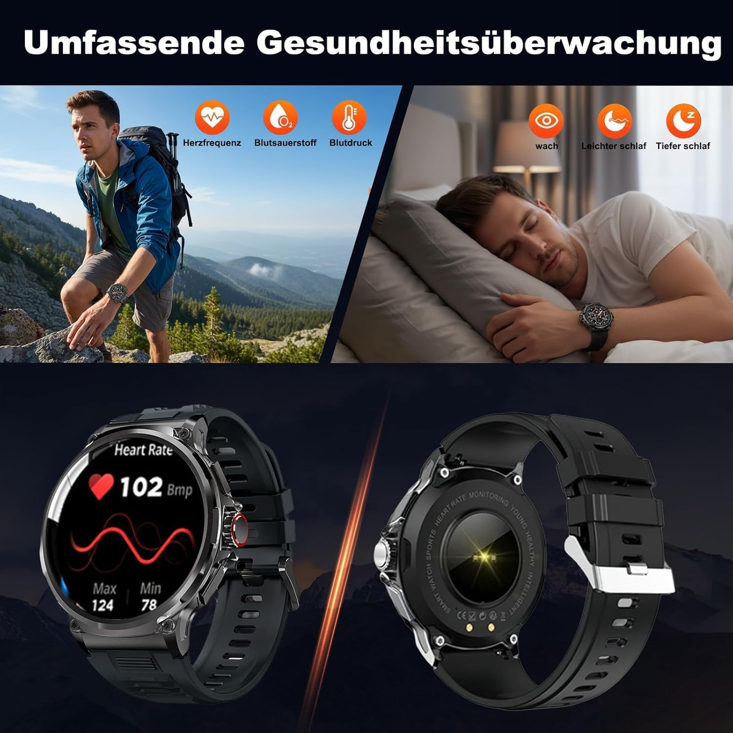 Deedlite Zeus 2.0 Smartwatch Herren, 1,85 Zoll Display, Bluetooth Anrufe, Gesundheitsmonitor, Zuverlässige Akkulaufzeit, Kompatibel mit iOS & Android