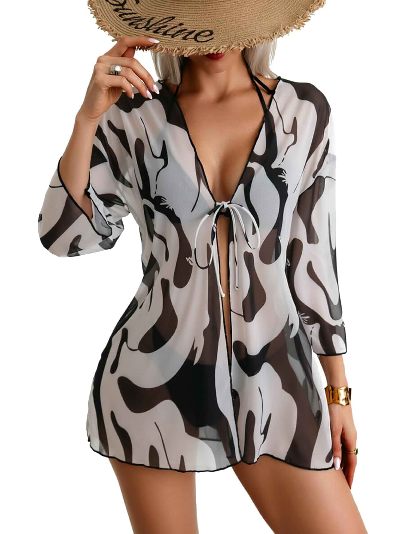 ALST Owner Women Abstract Cow Print Lightweight Sheer Mesh Swim Cover Up V Neck Tie Front 3/4 Sleeve Short Tunic Beach Shirt