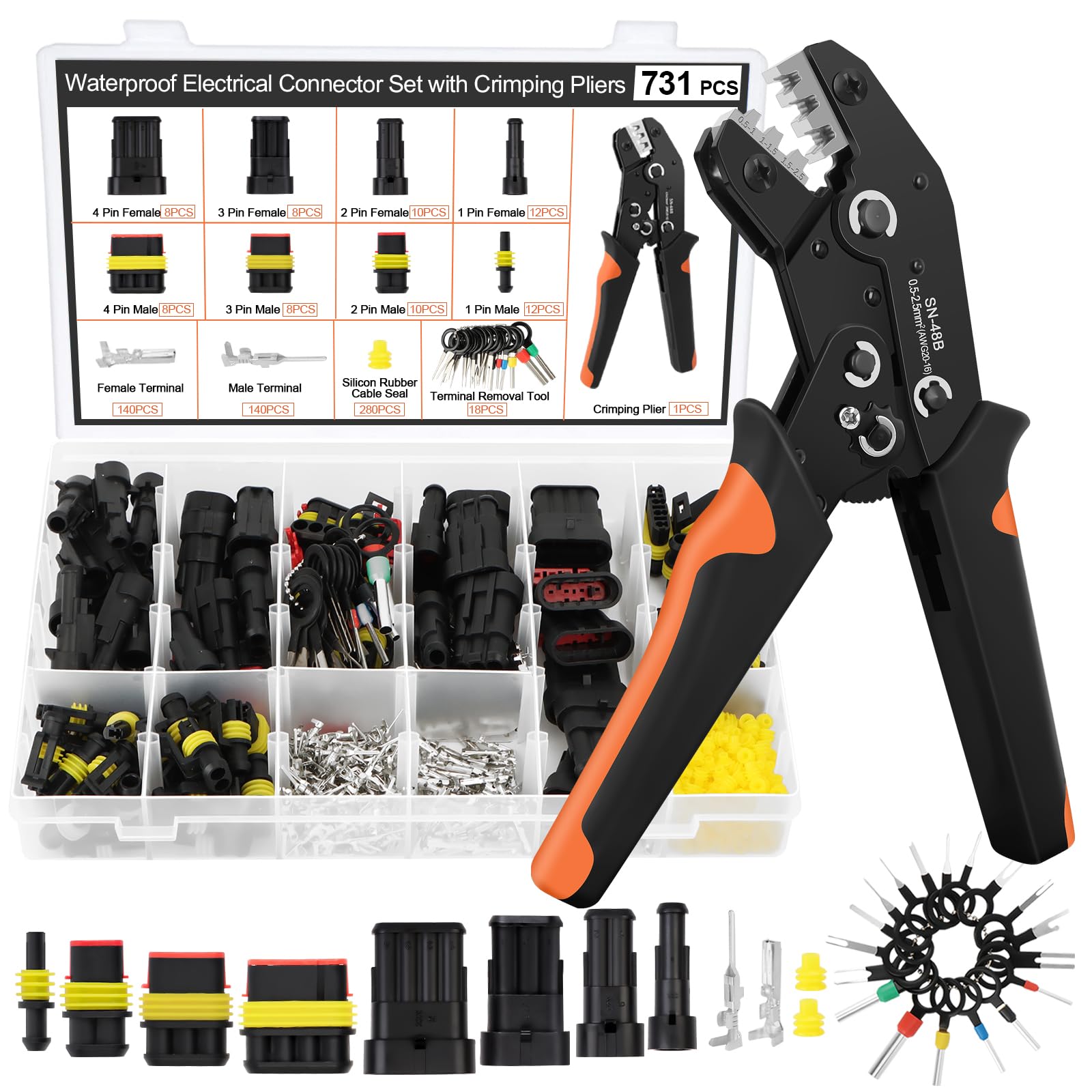 731PCS Juego de pinzas para engarzar cables, Set Alicates Terminales Electricos 0.5-2.5mm², Crimpadora Terminales electricos, Alicates de Terminales con Enchufe de Conector Electrico Impermeable