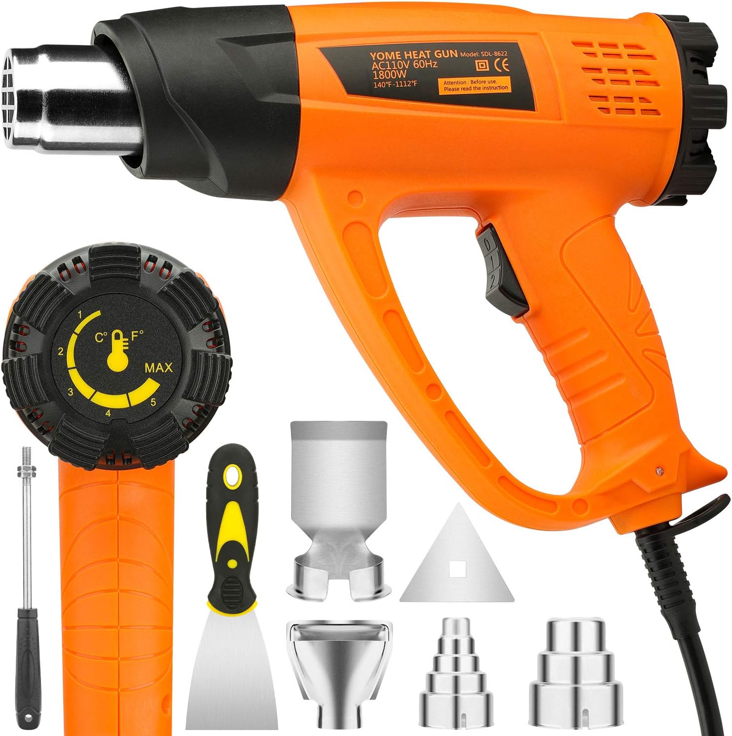 Heat Gun Variable Temperature, Yome 1800W 140℉~1112℉(60℃- 600℃) Hot Air Gun with 2 Speed-Setting, Overload Protection, 4 Nozzle Attachments for Shrink Wrapping, Crafts, Cell Phone Repairs, Orange