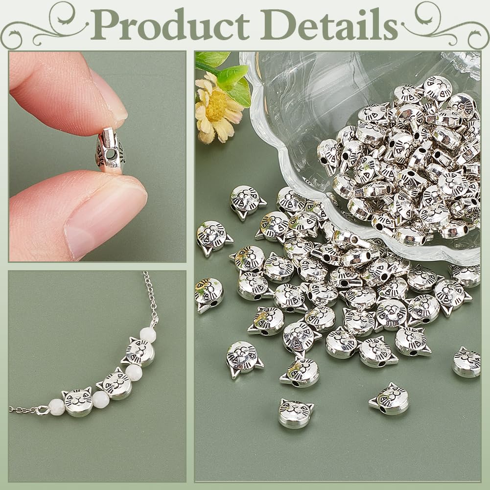 100 cuentas espaciadoras de gato de 0.315 x 0.315 in, aleación tibetana, cuentas de cabeza de gatito, cuentas de cabeza de gato de plata antigua para pulseras, collares, aretes 5