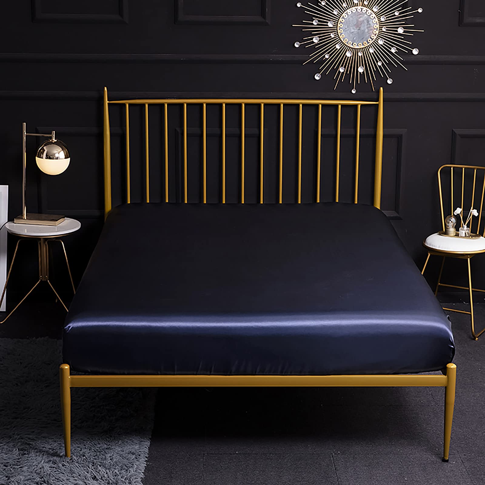 Jemiipee Completo Lenzuolo Letto Matrimoniale, 1 x Lenzuola Sotto con Angoli Tinta Unita 180x200 cm con 1 x Lenzuolo Piatto e 2 x Federe, Biancheria da Letto in Raso, Blu Navy