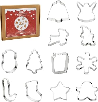 Kasmoire Christmas Cookie Cutter Set-12Pcs Stainless Steel Cookie Molds-Snowman,Christmas Tree,Gingerbread Man,Candy Cane,Snowflake & More Shapes For Baking