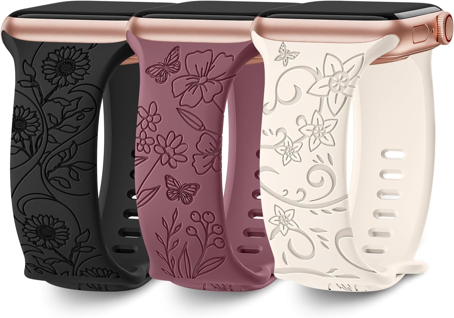 3 Pack Floral Engraved Band Compatible with Apple Watch
