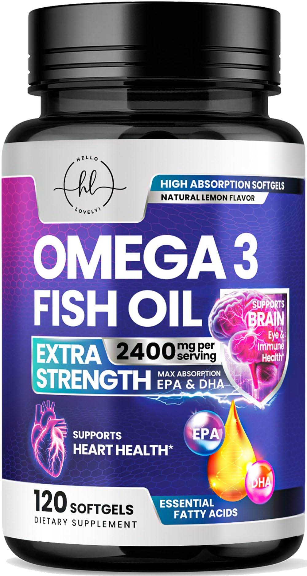 Omega 3 Fish Oil Supplements 2400mg Fish Oil - Triple Strength Omega-3 with EPA & DHA Fatty Acids - Natural Heart, Brain & Immune Support - Wild Caught, Gluten Free, Bottled in USA - 120 Softgels 120 Count (Pack of 1)