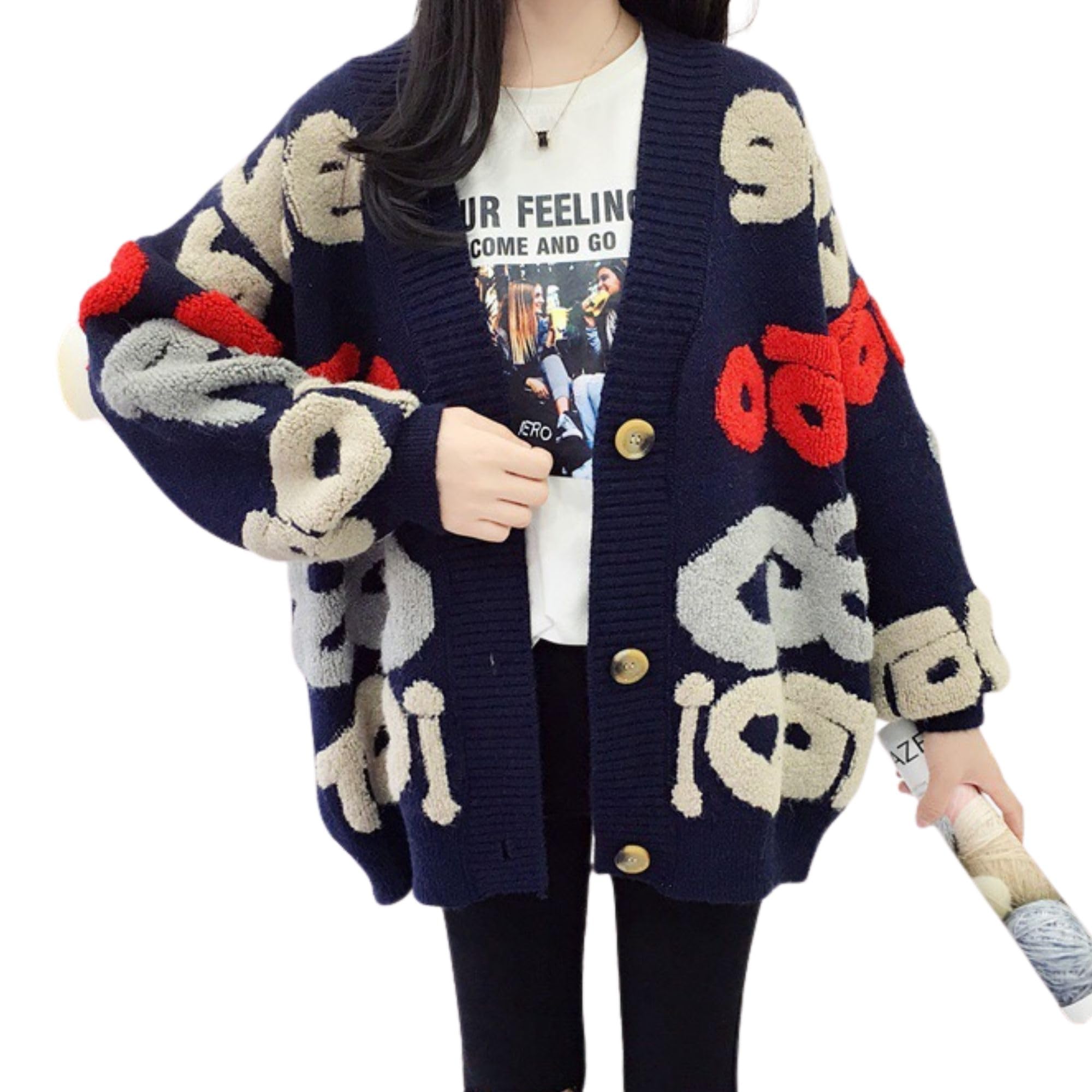Chevara Womens Stylish Color Block Cardigan Long Sleeve Button Up Letter Printed Cardigans Sweaters