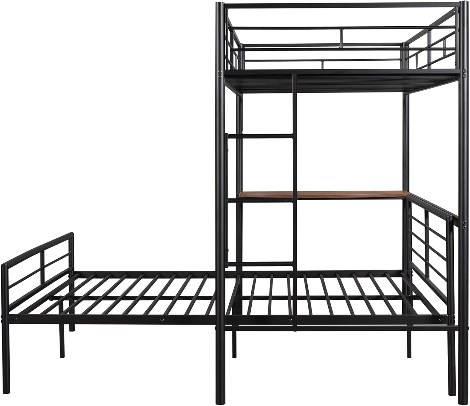 Harper & Bright Designs Twin Over Full Metal Bunk Bed with Desk, Full Length Guardrail, and Ladder, Space-Saving Metal Loft Bed with Platform Bed, Black