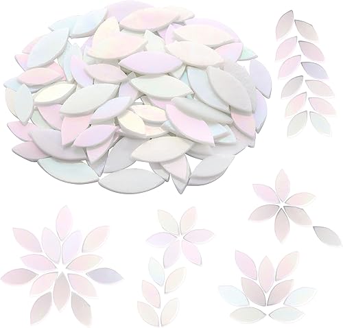 Yoption 100 azulejos de mosaico de pétalos de vidrio iridiscente, cortados a mano, azulejos de mosaico de hojas de flores blancas para manualidades