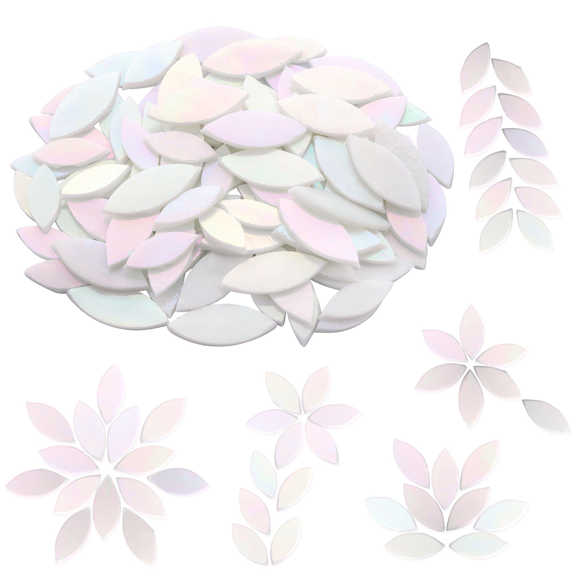 Filhome 100pcs Petal Mosaic Tiles, Hand-Cut Stained Glass Flower Leaves Tiles for DIY Art Craft Home Decoration(Iridescent White)
