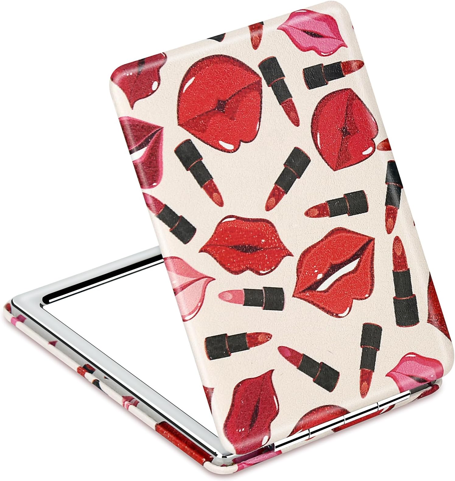 Premium Vanity Compact Makeup Mirror for Girls Women, Stylish Slim Travel Cosmetic Mirrors for Pocket Purse Handbag, Portable Magnifying Handheld Small Mirror with Classic PU Leather (Bright Red)