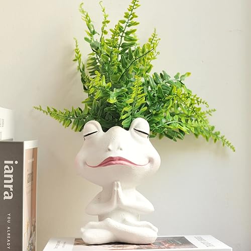 Miniatura 6 de Macetas de cara con cabeza de rana rezando, maceta de resina con orificio de drenaje