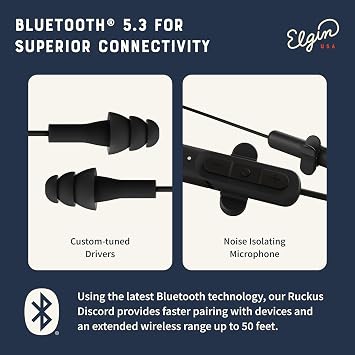 Elgin Ruckus Wireless Bluetooth Earplug Headphones, Ear Plug Earbuds | 25 dB, Noise Cancelling Mic, 12 Hour Battery, IP65 Sweatproof, OSHA Compliant Hearing Protection, Work Safety