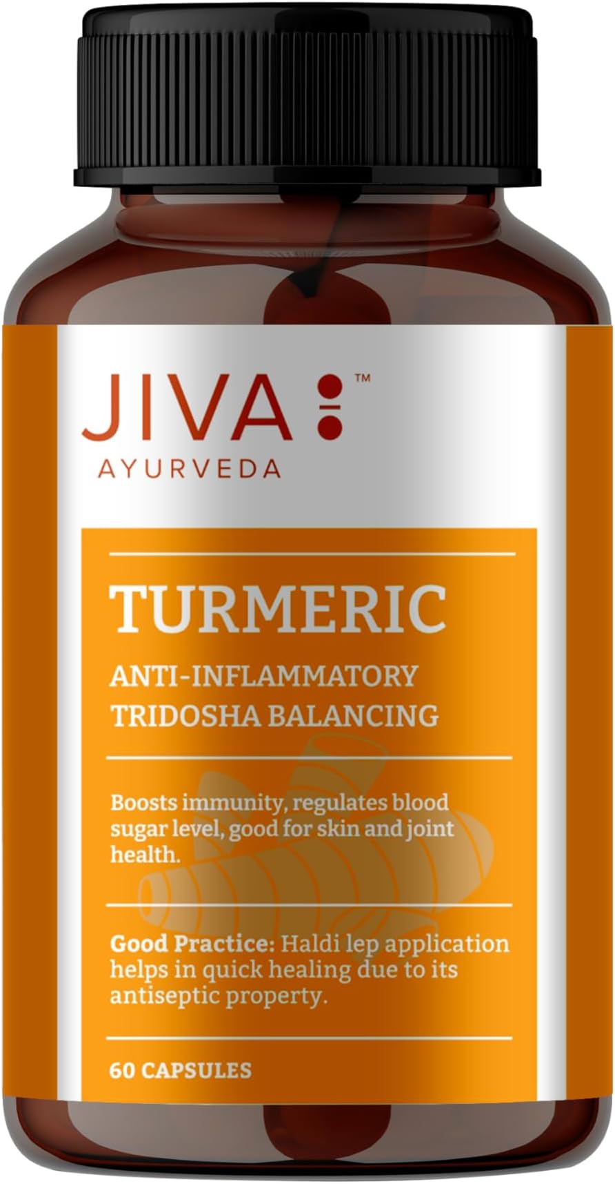 Jiva Turmeric Capsules | 100% Ayurvedic formulation Made Of Haldi & Amla | Boosts Immunity & Promotes Healthy Skin | Regulates Blood Sugar Levels & Controls Diabetes- 60 Capsules (Pack Of 1)