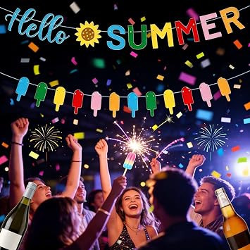 2Packs Hello Summer Banner,Summer Hawaiian Party Decorations Colorful Sunflower Ice Cream Hanging Bunting Garlands for Hawaiian Tropical Pool Beach Party Decorations Supplies
