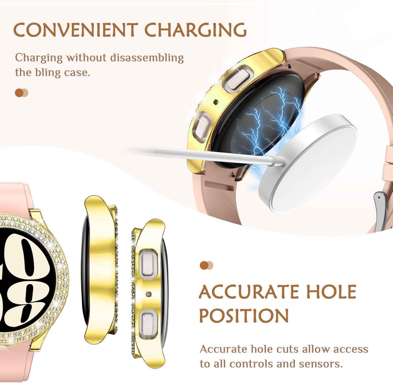 DEALELE [6-PACK] Case Compatible with Samsung Galaxy Watch 6 40mm, Bling Double-row Diamond PC Protective Case Protector Cover, 40mm, Black+Silver+Rosegold+Pink+Gold+Transparent — view 7