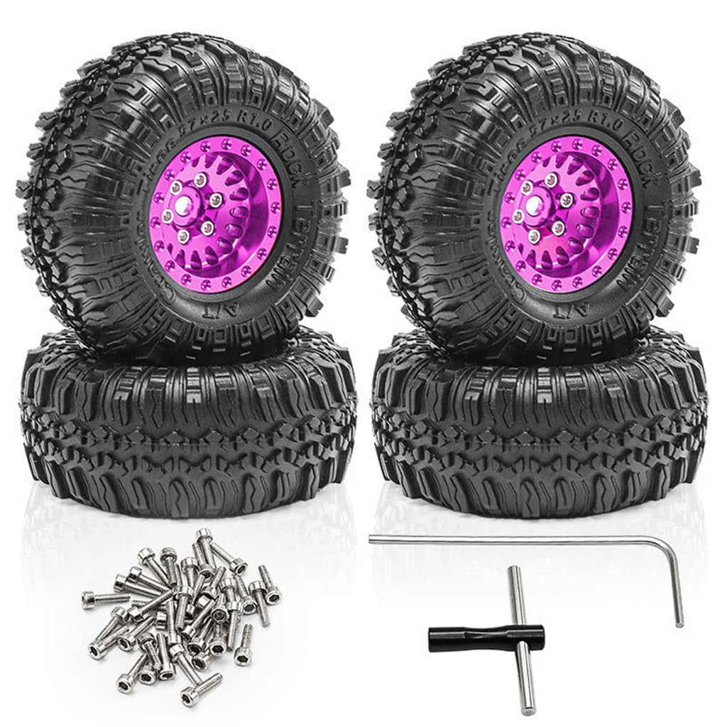 4PCS 1.0'' Aluminum Alloy Wheel Hub RC Wheel Tire 57x25mm RC Replacement Parts for TRAXXAS 1/18 TRX4M AXIAL 1/24 SCX24 AX24 RC Crawler RC Car (Purple)