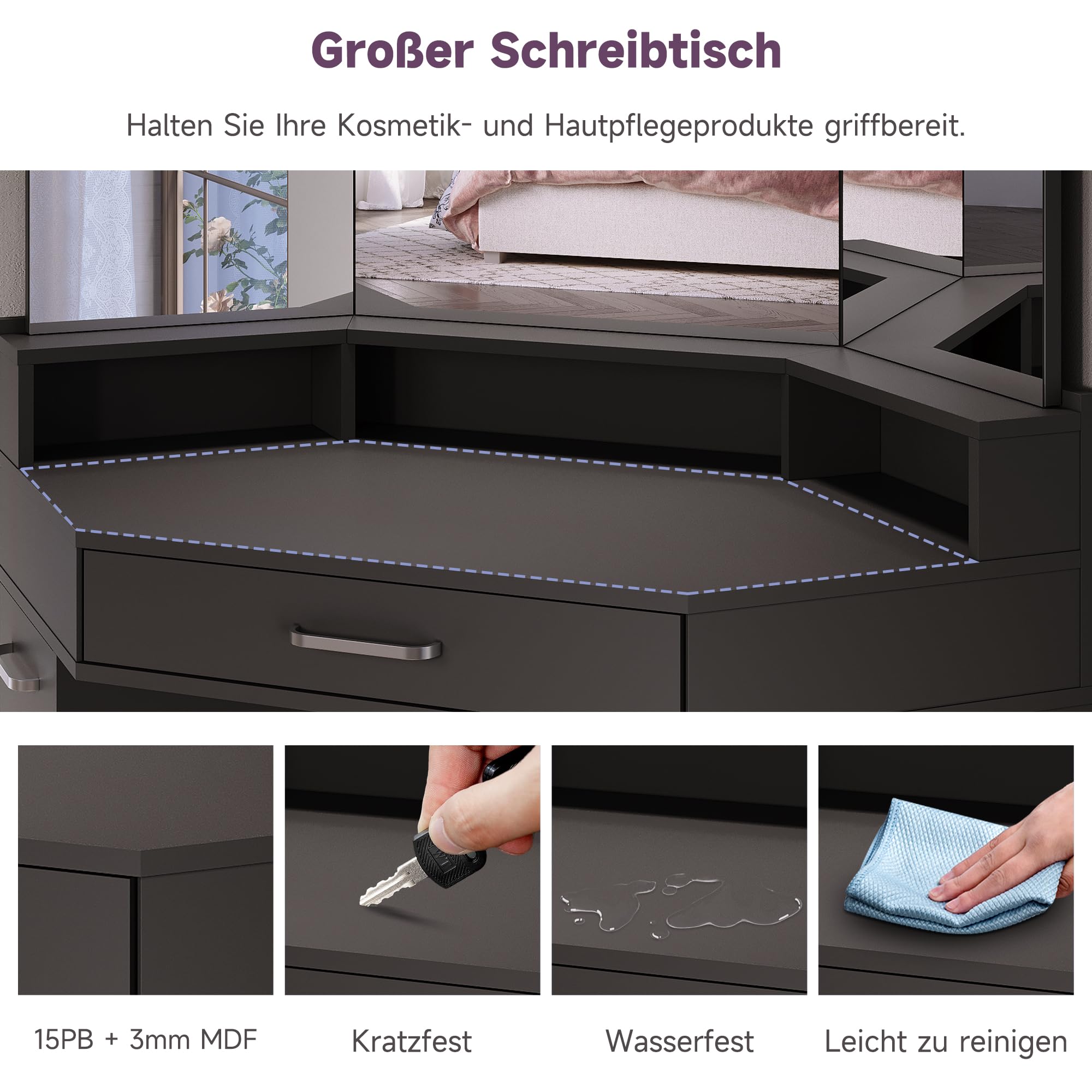 SONNI Eck Schminktisch mit Dreifachspiegel & 3-Farben LED Beleuchtung, 110x54x141.5cm, Kosmetiktisch mit Schubladen, Auszugsschrank, Regale, 3 Offene Fächer, Frisiertisch für Schlafzimmer, Schwarz
