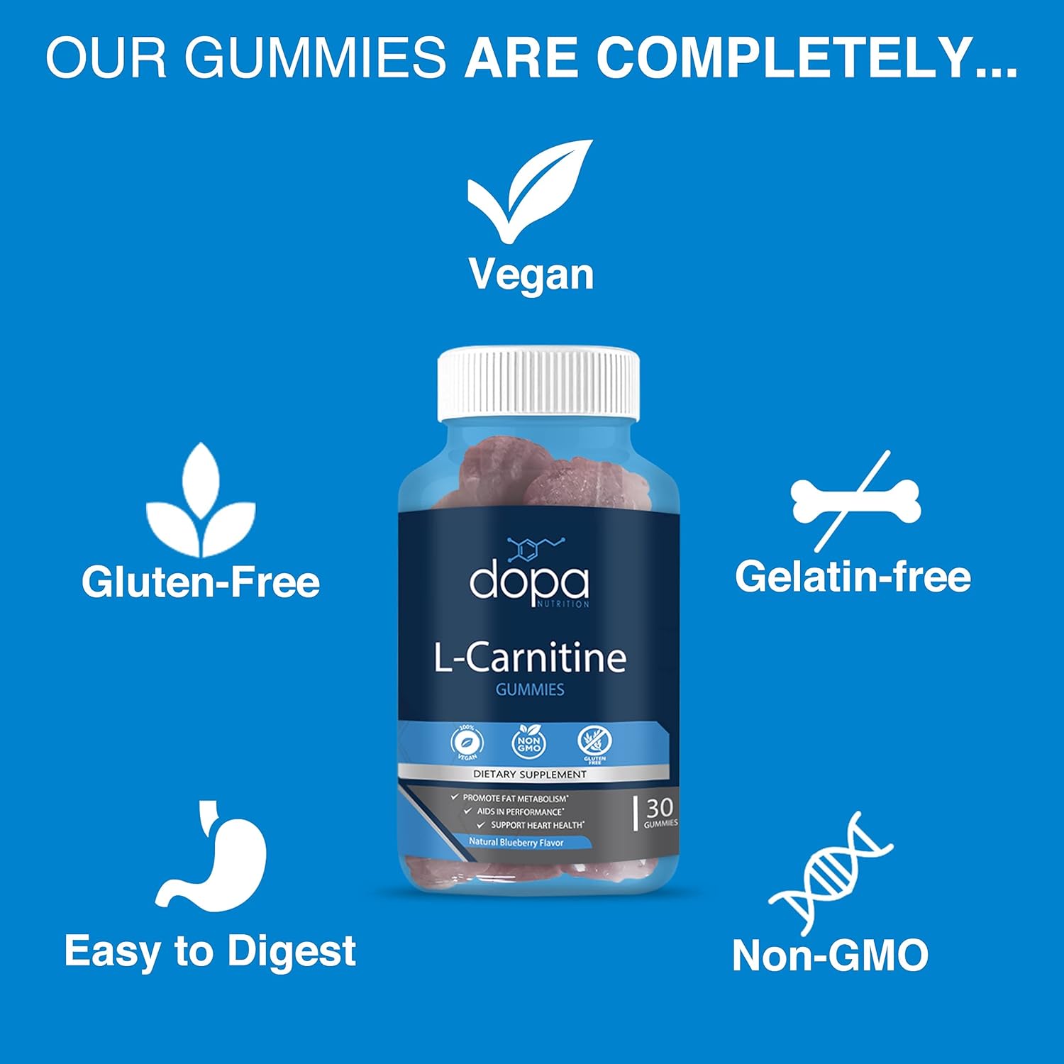 Dopa Nutrition L-Carnitine Gummies | L Carnitine Tartrate Supplement for Women and Men | Non-GMO, Vegan, Gluten-Free | 30 Natural Blueberry Flavored Gummies : Health & Household