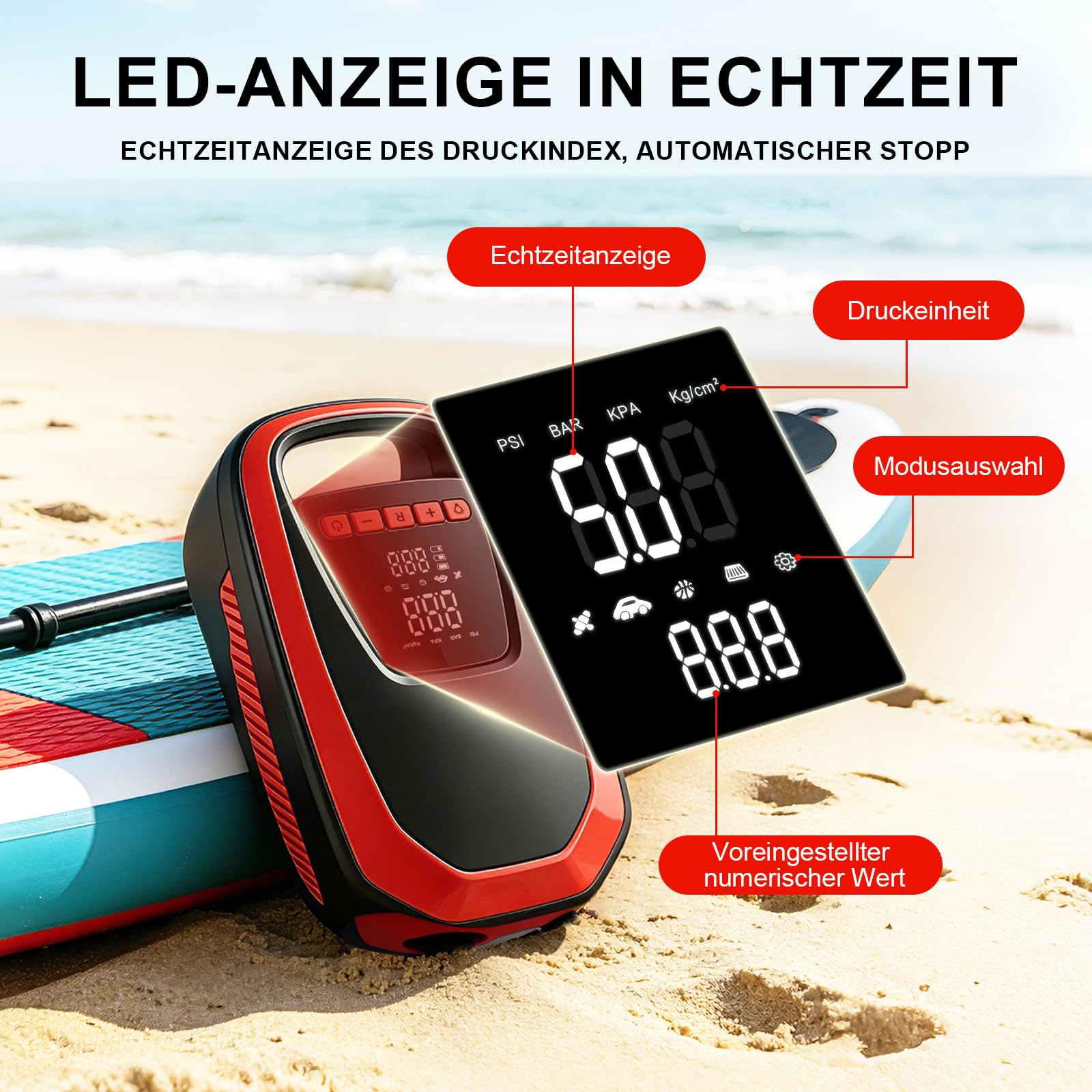 SUP Pumpe Elektrisch 12V – 400L/min Dual-Stage Luftpumpe mit Auto-Stopp & LCD, 8–10 Min Schnellaufblasung, für Paddle Board, Reifen & Camping, Deflate Funktion