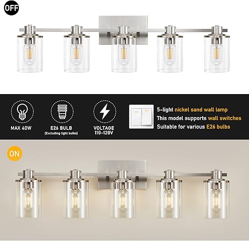 Miniatura 3 de DUJAHMLAND Lámpara de baño, 5 luces de níquel cepillado sobre espejo, luz de tocador con pantalla de vidrio transparente, iluminación de tocador de