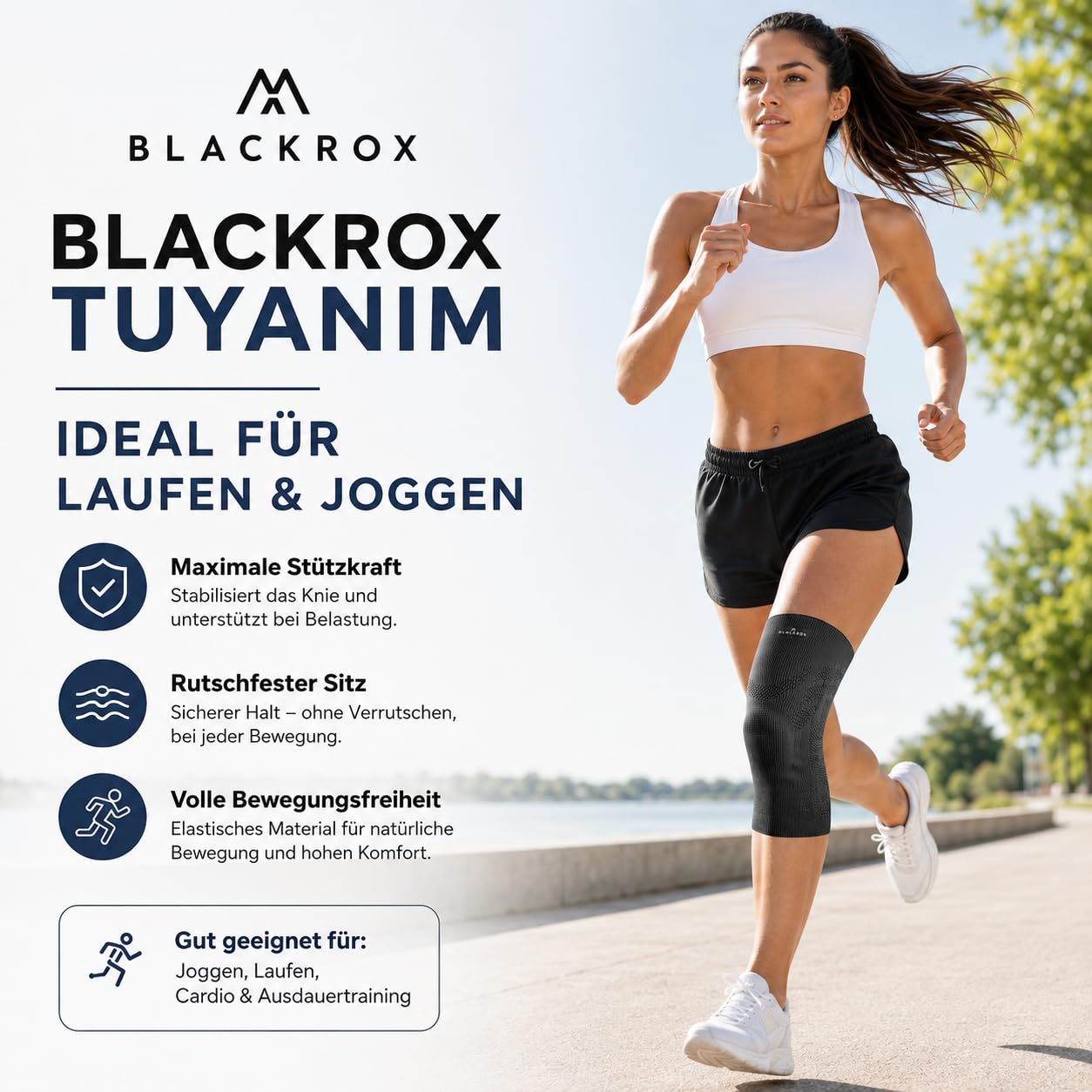 BLACKROX Kniebandage TUYANIM Sport Kraftsport Damen Herren Silikonring leicht Patella Gel Polster Feder Stabilisatoren Volleyball Fussball Laufen Knieschoner Kompression Männer Frauen (XL)