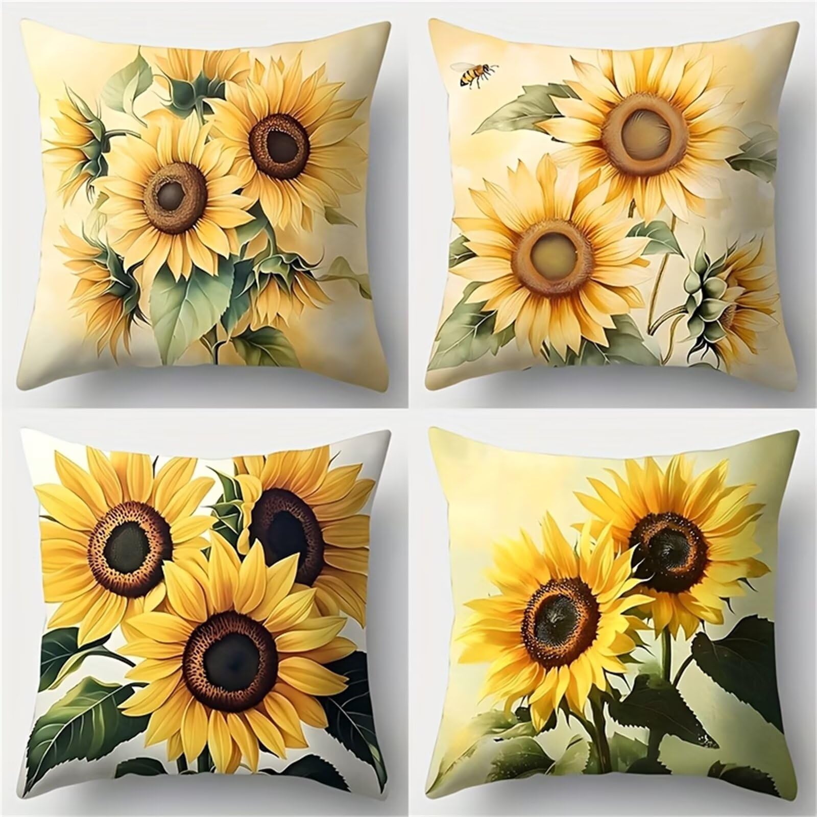 Heaen Outdoor Cushions Covers Waterproof 55x55 cm Set of 4 Square Linen Pillow Cases Sunflowers Decorative Dushions for Sofa Porch Patio Home Decor