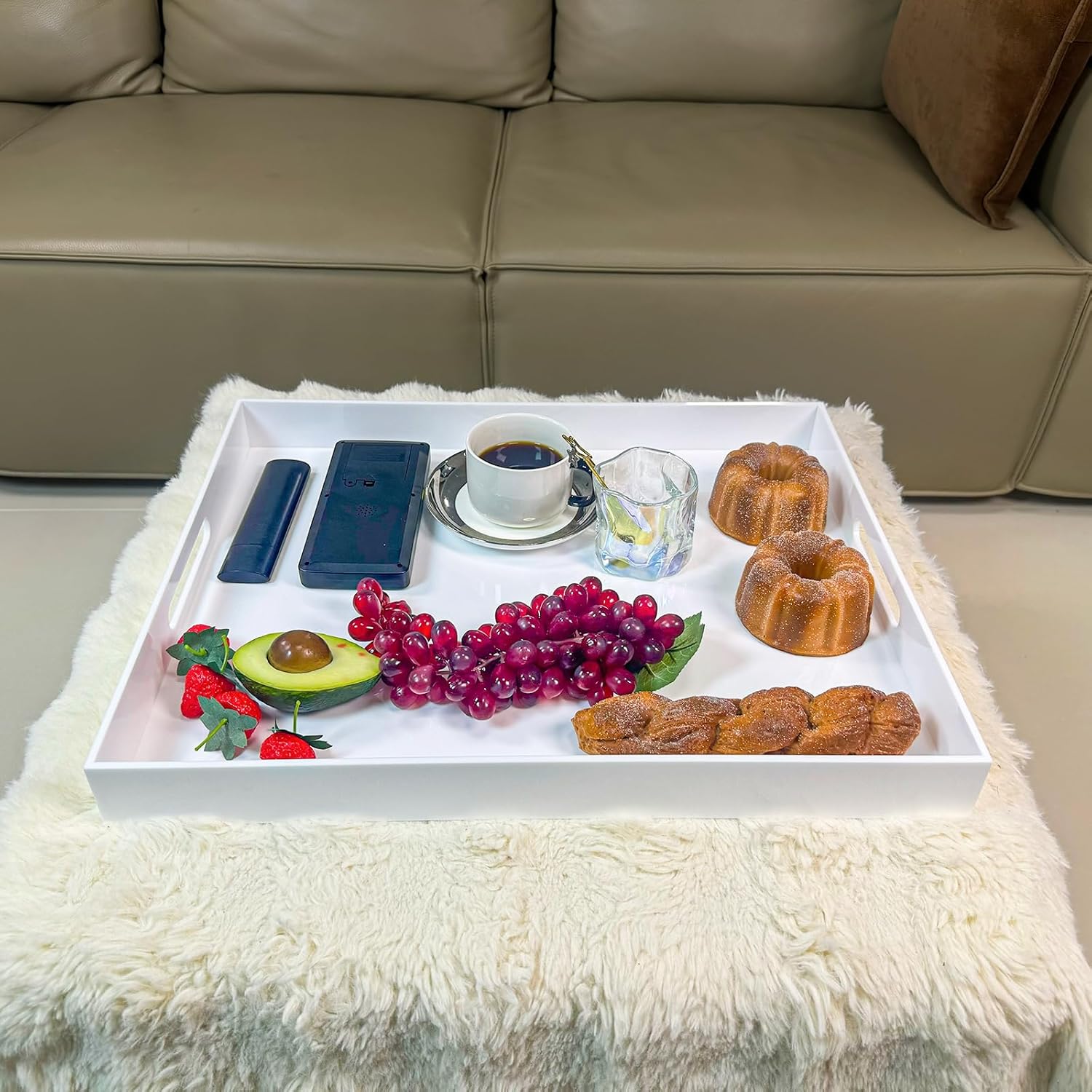 White Rectangular 16x20 Inches Acrylic Ottoman Tray Decorative Serving Tray with Cutout Handles Organizer Tray on Coffee Table Countertop Big Breakfast Bed Tray Living Room Appetizer Serving Food - Image 3