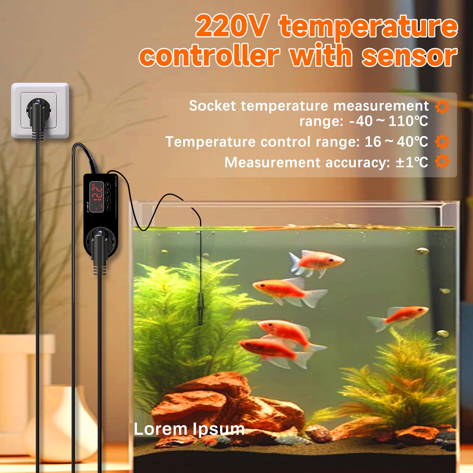 Termostato Enchufe 220V, Termostato Reptiles Terrario de Enchufe con Sensor y Pantalla LCD, Controlador de Temperatura de Enfriamiento de Calefacción para Incubadora Invernadero Reptil Acuario