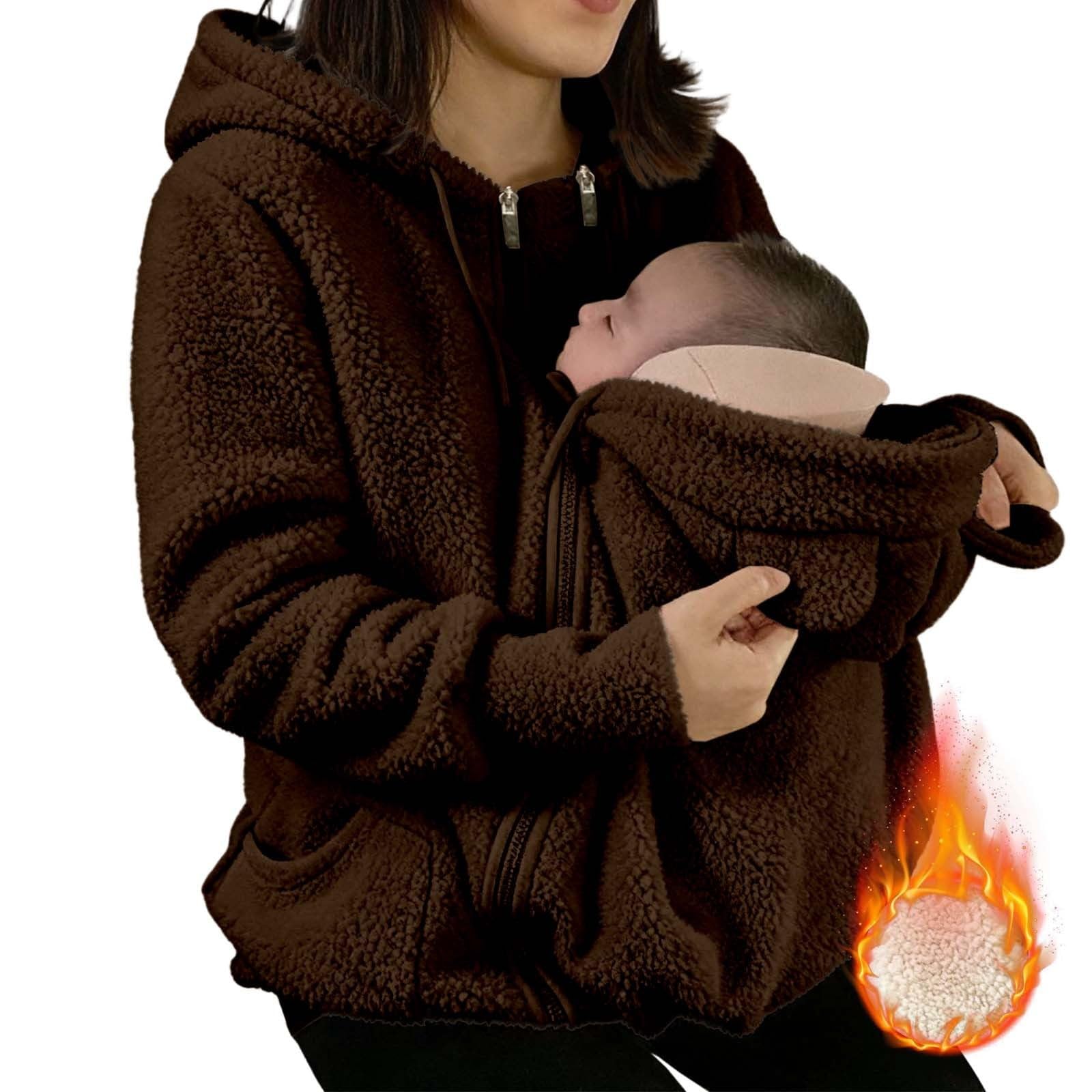 Umstandsjacke mit Babyeinsatz Warm Teddy Fleecejacke Umstands Baumwolljacke Winter Umstandsmode 2 in 1 Tragejacke mit Taschen Teddyfleece Winterjacke Flauschig Weich Plüschjacke weich dick Teddyjacke
