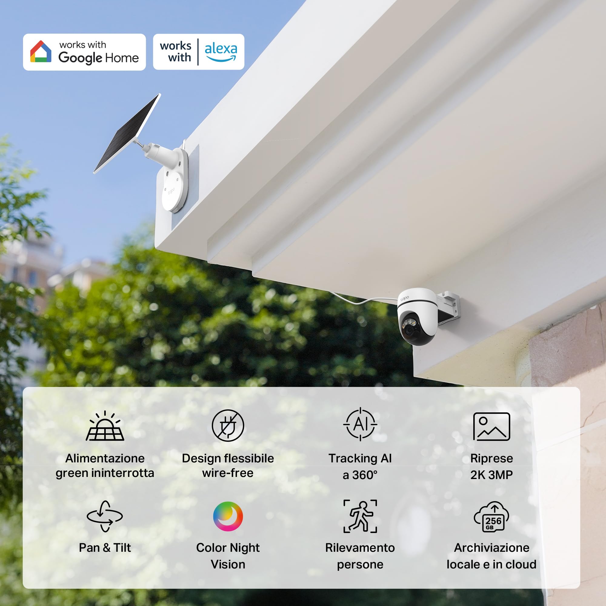 Tapo C610 KIT 2K 3MP Telecamera Wifi Esterno Senza Fili Pannello Solare 360° PTZ Videocamera Sorveglianza Batteria 6700mAh Rilevamento Umano Visione Notturna Colori Tracciamento AI IP65