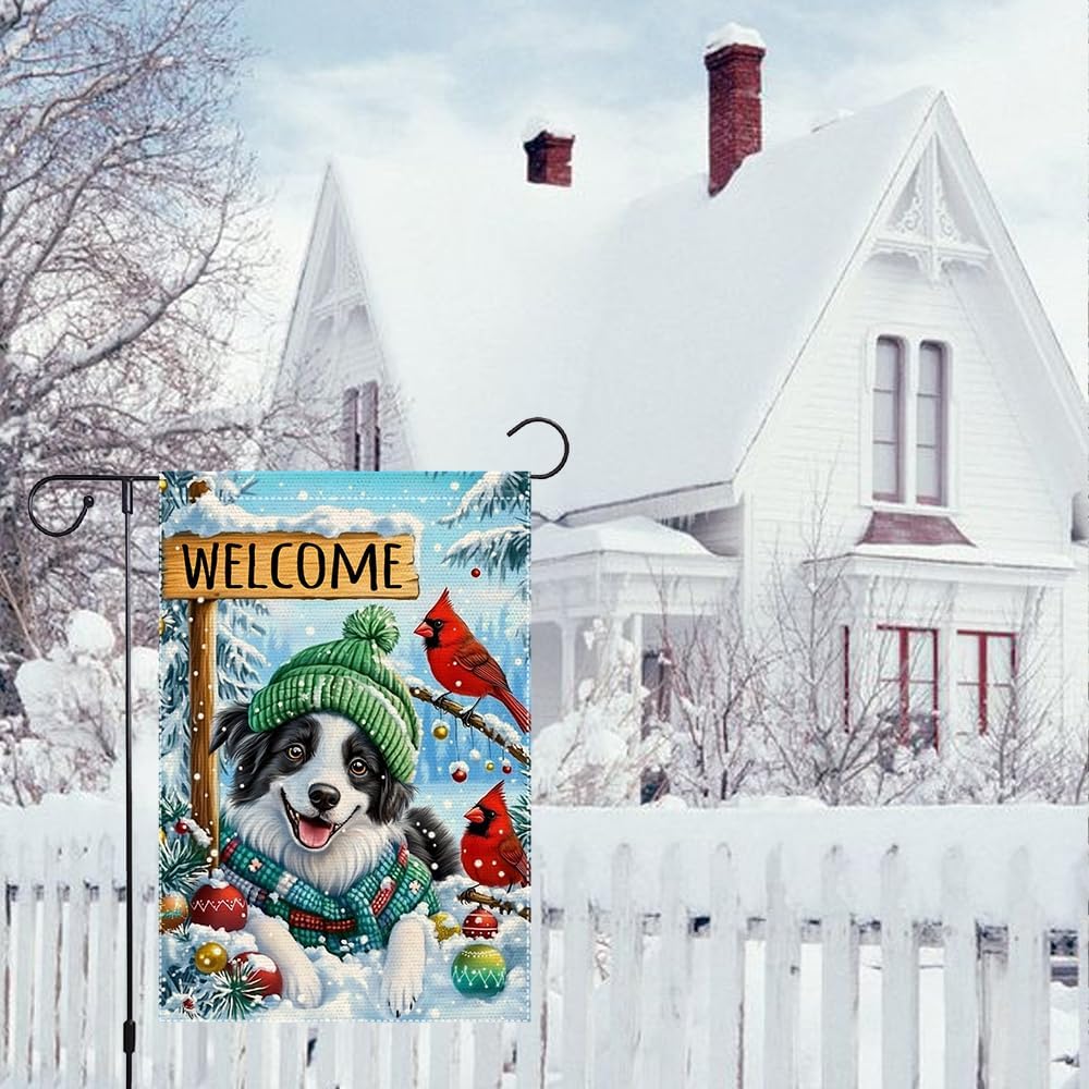 Winter Welcome Garden Flag Christmas Garden Flags 12x18 Inch Double-Sided Burlap with Border Collie Dog, Cardinals and Snowflakes, Perfect for Holiday Decor - Image 4