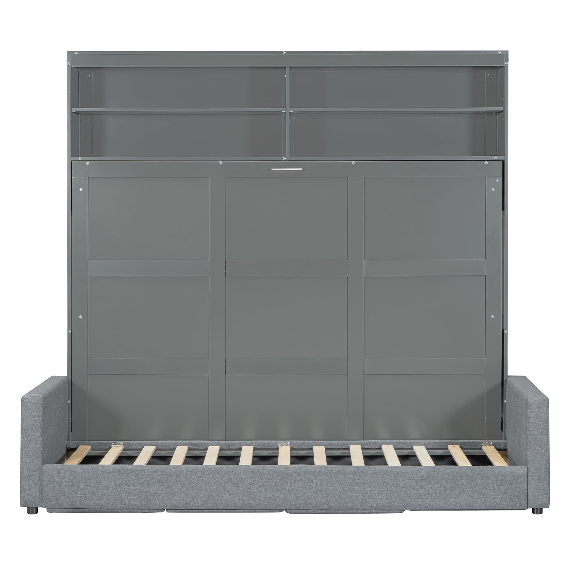 The DERCASS Murphy Bed fully open, showing the bed frame and support legs extended.