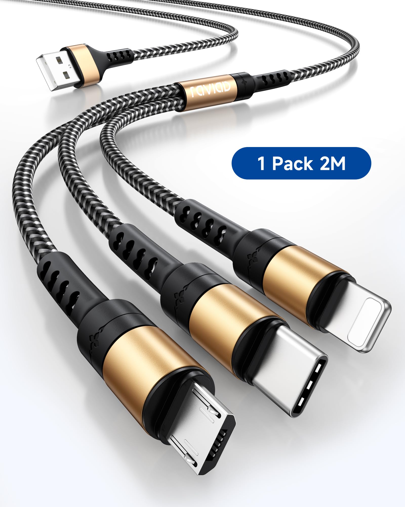 RAVIAD Multi Cavo di Ricarica, 3 in 1 Multiplo Cavetto [2M] Micro USB Tipo C Nylon Intrecciato Cavo di Ricarica USB per iPhone 16/15/14/13, Samsung S24/S23/S22/S10/S9/S8/S7, OnePlus- Oro