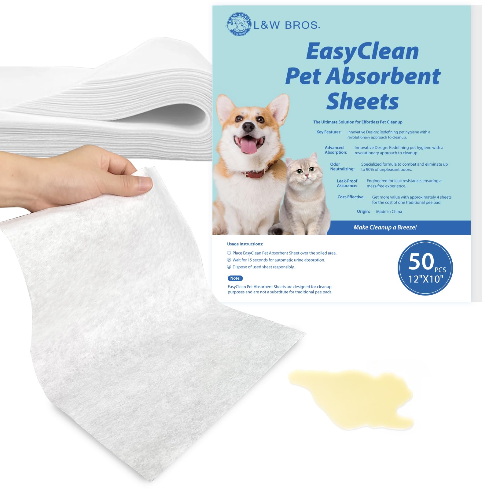 Pet Pee Quick-Absorb Sheets 50 pcs Disposable Absorb Pee Sheets for Cats Dogs, 12"x10" Dog Pee Sheet, Double-Sided Absorbent Urine Sheets, Quick Drying Sheet for Dog Pee Liquid