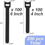 200 PCS Organisateur de câbles pour la gestion des câbles, Câblodistributeurs réutilisables pour les câbles, les fils, les appareils, les paillettes, le chargeur, l'ordinateur, PC, Électronique, 100 6 de pouce & 100 4 de pouce, noir