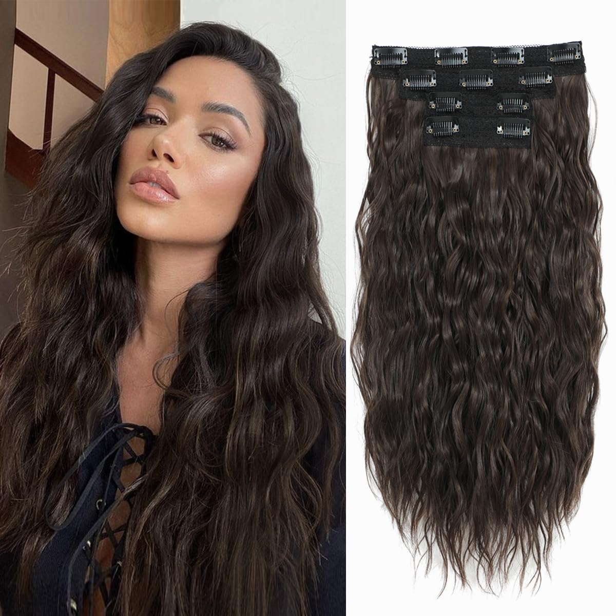 VEGALILY Upgrade 4PCS Hair Extensions Clip in 20inch Chocolate Brown Curly Hair extensions Natural Clip in hair Extension for Full Head Synthetic Fiber Hairpieces for Women
