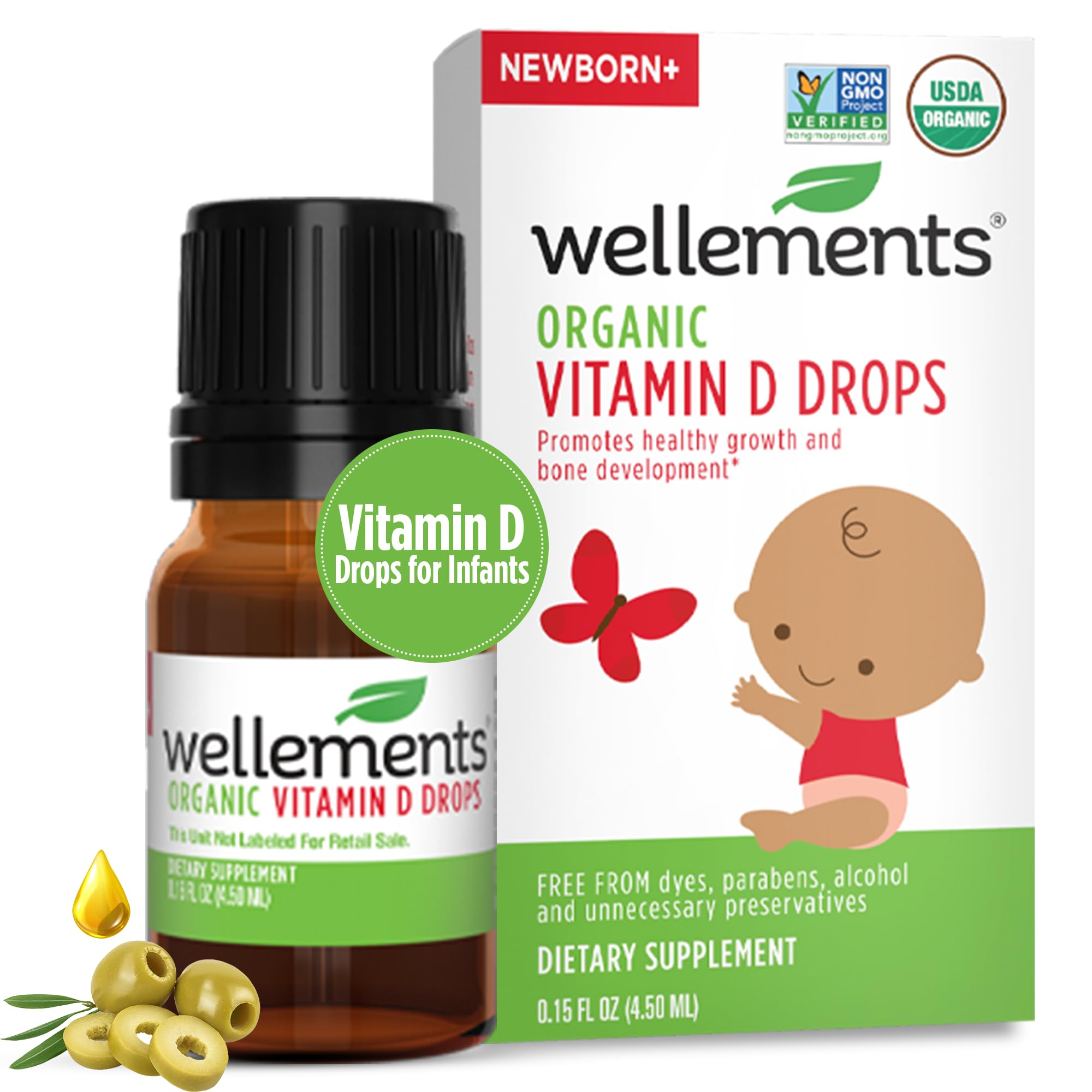 Gotas de vitamina D orgánica Wellements Baby para bebés y niños pequeños (0.15 onzas líquidas) - Gotas de vitamina D3 líquidas certificadas para recién nacidos que favorecen un crecimiento y desarrollo óseo saludables (1 gota diaria y 400 UI por porción)